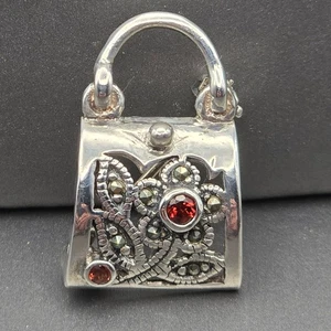 Sterling Silver Floral Purse Brooch 1 1/8" Garnet & Marcasite Signed FAS - Picture 1 of 9