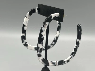 Banana Republic Black White Resin Hoop Earrings Modern Square Shape - Image 1 of 4