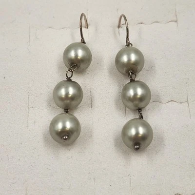 Sterling Silver 925 Triple White Gold Round Faux Pearl Dangle Drop Earrings 2" - Image 1 of 4