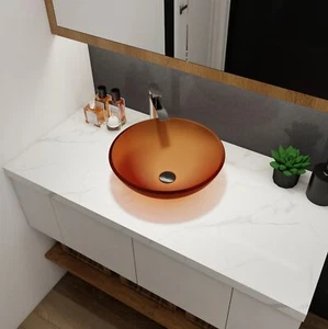 Tempered Glass Matte Round Bathroom Vessel Sink Basin - Matt Tea - Picture 1 of 12