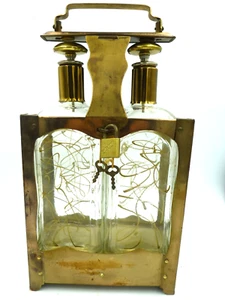 Vintage Brass Double Tantalus Two Glass Bottles, Gold Tone Swirl, Lock, Two Keys - Picture 1 of 19