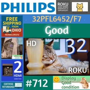 Philips 32" HD(720P Smart Roku Borderless LED TV 32PFL6452/F7 with Remote/Stand - Picture 1 of 20