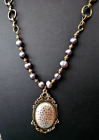 Vintage Brass Pearl beaded silver hammered pendant Necklace  20"