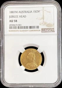 1887 M GOLD AUSTRALIA SOVEREIGN ST. GEORGE JUBILEE HEAD COIN NGC ABOUT UNC 58 - Picture 1 of 2