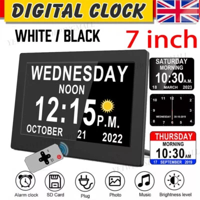 7 inch LCD Digital Alarm Clock Calendar Datetime f. Memory Loss Dementia Elderly - Image 1 of 4