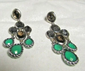 David Yurman SS & 18K Smoky Quartz, Green Onyx & Moonstones Chandlier Earrings - Picture 1 of 11
