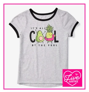 *NWT* JUSTICE GIRLS SIZE 8 IT'S ALL COOL BY THE POOL FRIENDS RINGER TEE TOP - Picture 1 of 2