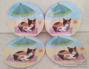 4 NEW 6" MELAMINE TIDBIT SIDE DISH PLATE CAT KITTY AT THE COASTAL BEACH HOUSE  - Picture 1 of 3