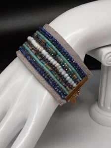 Catherine Page 1 1/2" Wide Gray Leather Blue Green White Beaded Toggle Bracelet - Picture 1 of 10