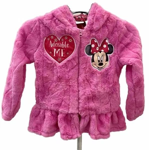 NEW Disney Junior Minnie Mouse Girls Plush Full Zip Hooded Sweater Size 5 Pink - Picture 1 of 3