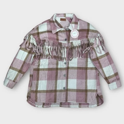 Chaqueta chamarra Umgee de franela a cuadros con flecos de peso medio para mujer mediana rosa marrón Foto 1 de 4