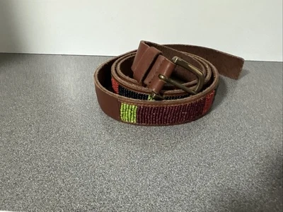 LUCKY BRAND Women's Brown Leather Beaded Belt Boho Southwestern Festival L/XL - Image 1 of 4