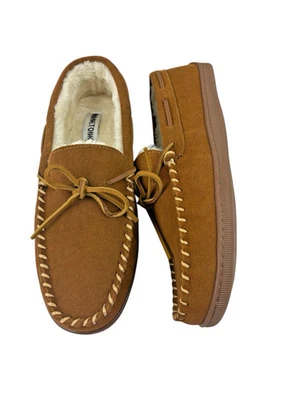 Minnetonka Hard Sole Slippers Mens Size 14M Brown Leather Comfort Faux Fur Shoes - Image 1 of 4