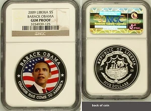 2009 Republic of Liberia $5 Barack Obama NGC PCGS Gem Proof Silver Plated Coin - Picture 1 of 3