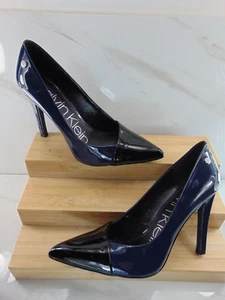 CALVIN KLEIN Navy & Black Patent Leather POINTED TOE HIGH HEEL Pumps 6 1/2 M - Picture 1 of 6