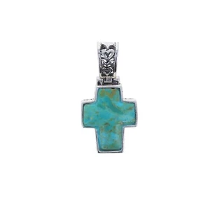 Vintage Turquoise Cross Pattern Pendant, Sterling Silver 925, Genuine Turquoise - Picture 1 of 4