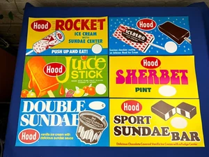 6 NOS 1960er KAPUZE Eiscreme Papier Beschilderung 14x7 SPORT EISBECHER BAR, RAKETE, EISBERG - Bild 1 von 7