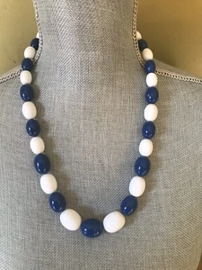 Vintage White & Blue Oval Beads Lucite  Necklace 24” - Picture 1 of 5