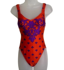 Vintage Jantzen Badeanzug Damen Medium Einteiler Orange Lila Fleur De Lis Y2K - Bild 1 von 10