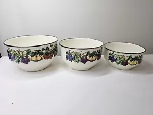 VITROCERAMIC Enamel Steel Induction Set Of 3 Mixing Bowls Garden Fruit Pattern - Picture 1 of 3