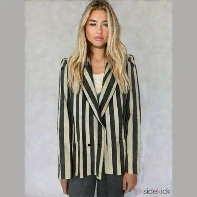 Louis Feraud 1980's Vintage Striped Wool Blazer with Puff Sleeves Cream and Grey - Image 1 of 4