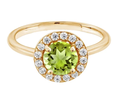 925 Silver Yellow Gold Plated Green Peridot and White Topaz Halo Engagement Ring - Image 1 of 4