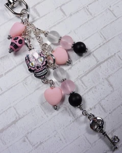 Sugar Skull Skeleton Key Heart Purse Charm Bag Clip Frosted Glass Pink Black New - Picture 1 of 4