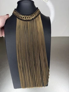 Statement Choker Necklace Fringe Gold Tone Bib Chain Tassel Black - Picture 1 of 3