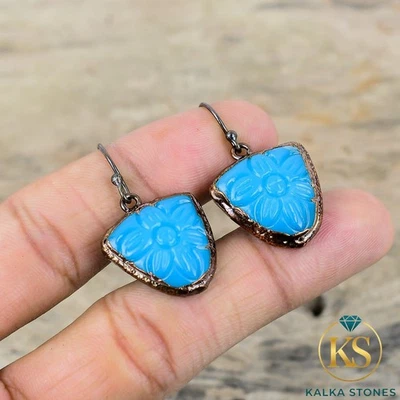 Carved Blue Onyx Stone Copper Hook Drop Dangle Electroformed Earrings Jewelry - Image 1 of 4