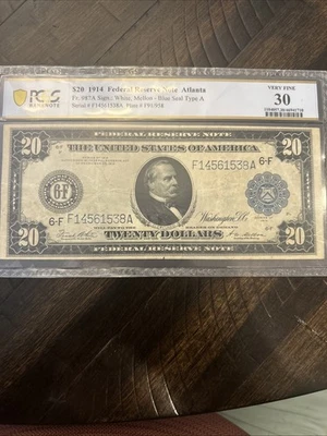 Fr. 987A $20 1914 US Federal Reserve Note Atlanta Pcgs VF30 - Image 1 of 4