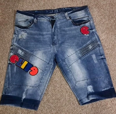 Bermudas de mezclilla Elite Premium Pac Man mezcla de algodón desgastadas para hombre 40 Foto 1 de 4