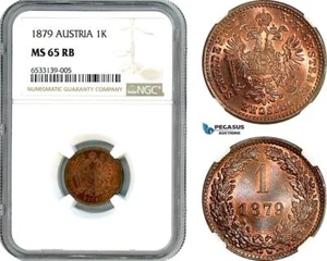 AI409, Austria, Franz Joseph, 1 Kreuzer 1879, Vienna Mint, NGC MS65RB, Top Pop! - Picture 1 of 1