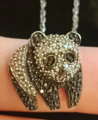 1/4 ctw Blk & White Diamond Sterling Panda Pendant & Sterling Silver Necklace - Image 1 of 4