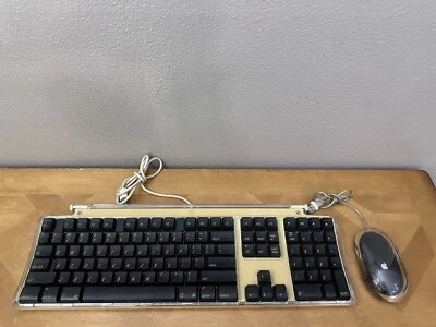 VINTAGE Apple Pro Keyboard Model M7803 Black Keys Clear Cover & Puck Mouse M5769 - Image 1 of 4
