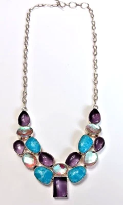 Larimar? Collar de eslabones de cadena de piedra púrpura y turquesa en montura de plata ~ D11 Foto 1 de 4