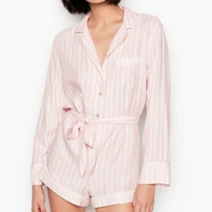 Victoria Secret Flannel Pajama Romper Size L Pink White Silver Loungewear EUC - Picture 1 of 12