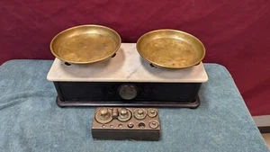 Vintage Marble & Brass Balance Scale W/Weights - Picture 1 of 10