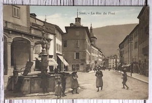 Sion - La Rue Du Grand Pont Fontaine du Lion Switzerland Postcard - Picture 1 of 2