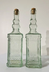 Pair of Clear Green Hue Glass Bottles Decanters Cork Stoppers ~ Abstract Pattern - Picture 1 of 3