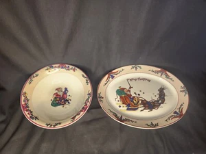 Vintage Christmas Platter & Serving Bowl Santa Sleigh Reindeer Garland Border - Picture 1 of 7