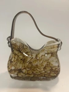 Art Glass Purse with Handle and Clear Flowers Murano-Style Pebbled Brown Pattern - Picture 1 of 9