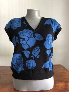 Vtg 80s OHI Sleeveless Sweater Womens Medium Black Blue Flowers Vest V Neck - Picture 1 of 6