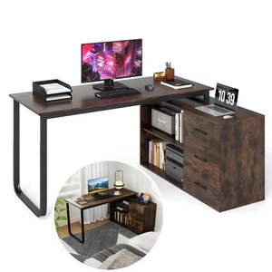 Computer Desk L Shaped Corner Executive Office Table with 3 Drawers -Brown - Picture 1 of 7