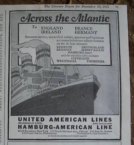 1925 United Hamburg American Across Atlantic Ship Ad - Imagen 1 de 1