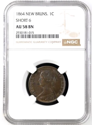 1864 New Brunswick Canada 1 Cent, NGC AU 58, KM-6, Short 6 - Image 1 of 2