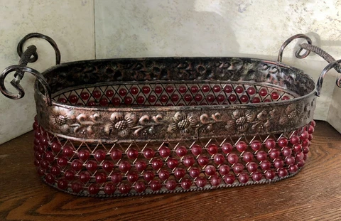 Vintage Wire and Bead Basket Bowl Medium Size Red Color Beads Christmas Cover
