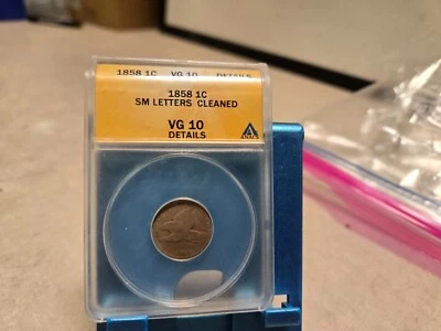 1858 FLYING EAGLE CENT SMALL LETTERS GRADED ANACS VG10 Cleaned Details - Image 1 of 4