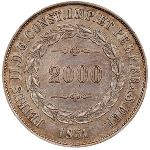 1851 Brazil King Pedro II Silver 2000 Reis Coin, NGC AU53 KM# 462, HIGH GRADE! - Picture 1 of 5