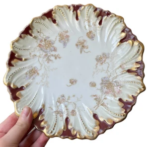 Antique China Scalloped CABINET Lunch 9”PLATE S. & CO AUSTRIA Beaded Red Gold - Picture 1 of 5
