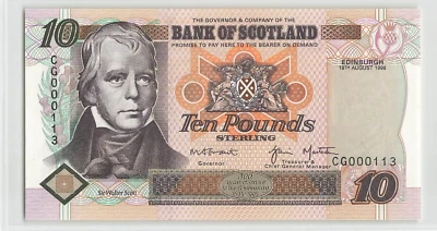 SCOTLAND 10 Pound 1998, P-120c Bank of Scotland, CG000113, 1st Prefix, Orig UNC. - Image 1 of 2